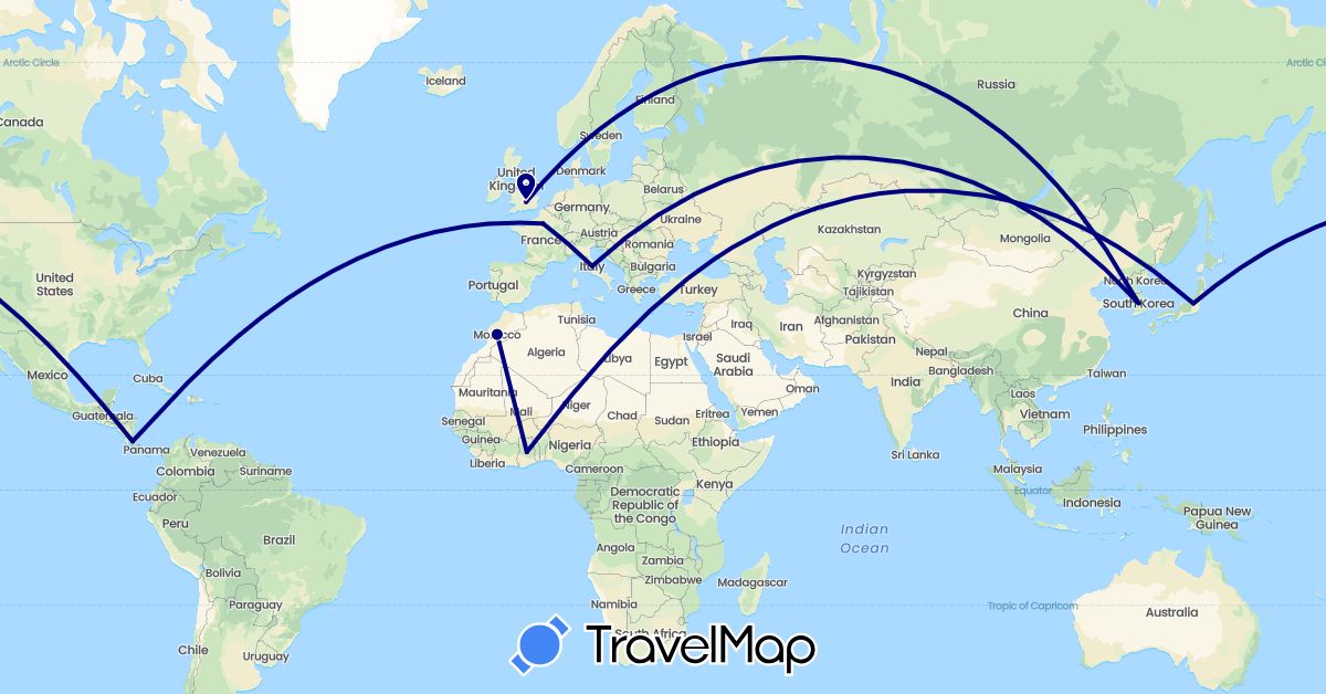 TravelMap itinerary: driving in Costa Rica, France, United Kingdom, Ghana, Italy, Japan, South Korea, Morocco (Africa, Asia, Europe, North America)